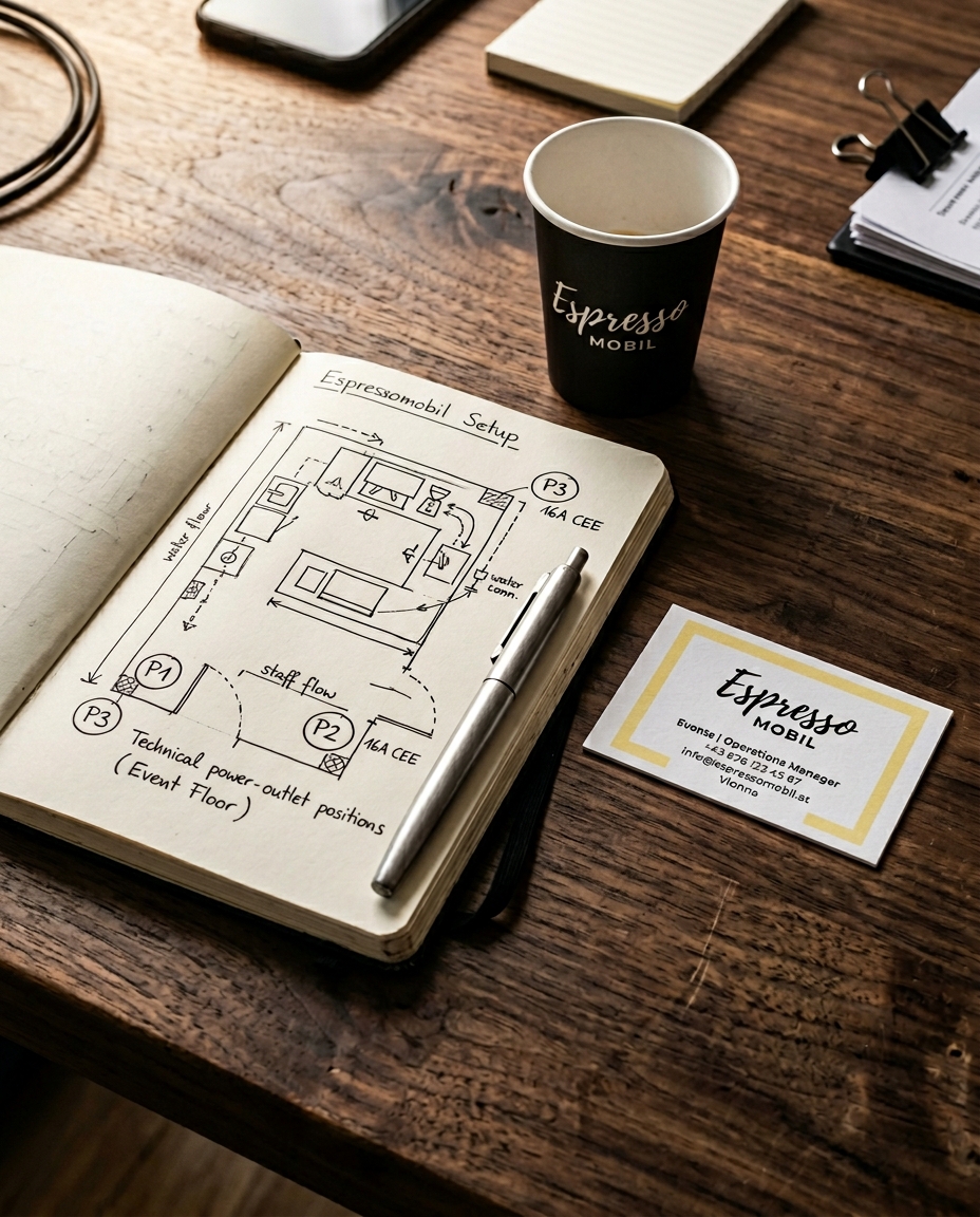 Pre-Event-Briefing — Setup-Sketch mit Strom-Plan und Espressomobil-Cup