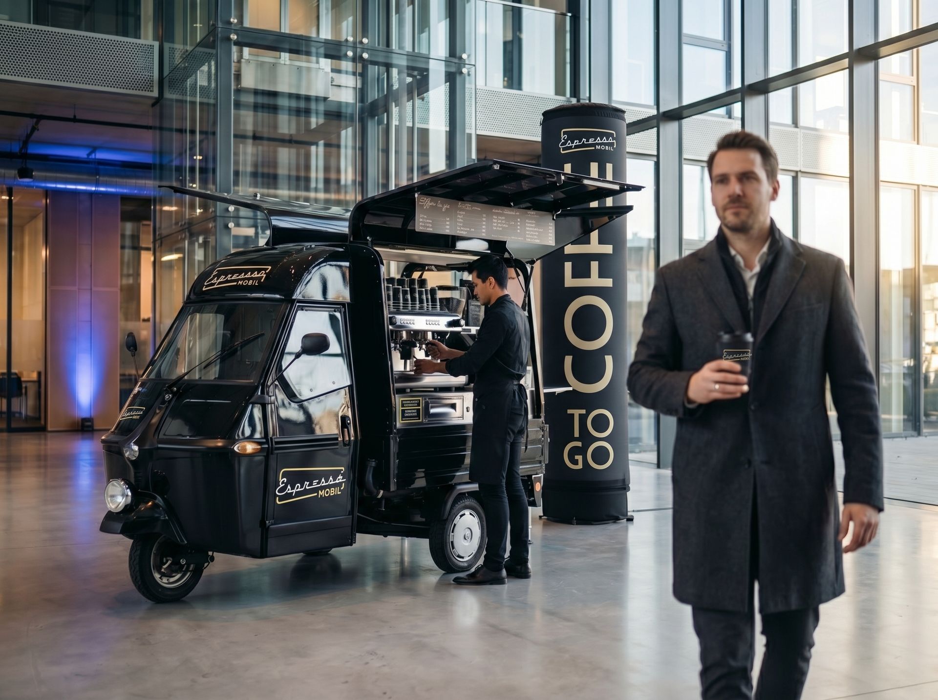 Espressomobil im Corporate-Glass-Lobby-Setting — Brand-Showroom