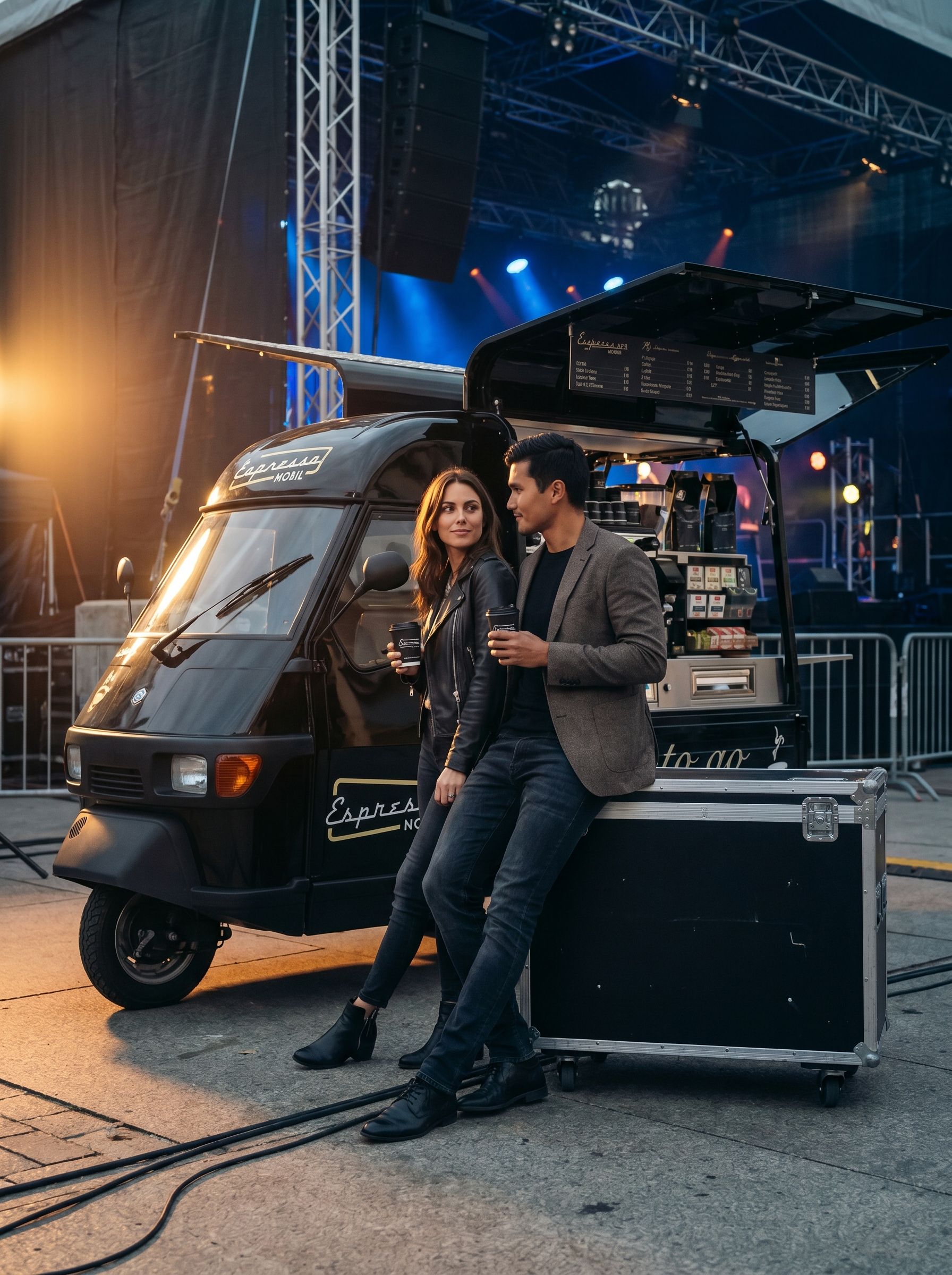 Premium Konzert-Backstage — Couple mit Espressomobil-Cups vor Stage-Lights