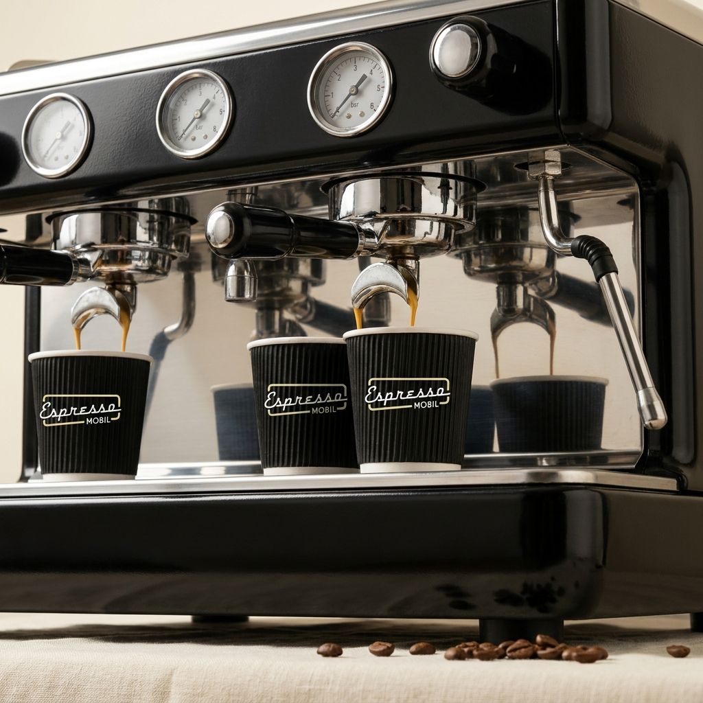 Commercial 2-Group-Maschine mit Manometer, drei schwarze Espressomobil-Cups und fließender Espresso