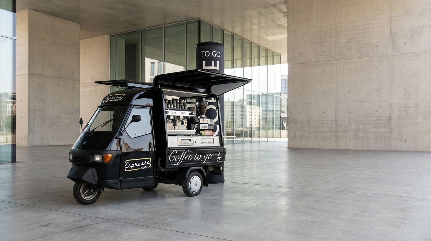 Schwarzer Espressomobil Piaggio Ape vor Brutalist-Beton-Architektur — bereit für Setup
